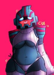 blush chromexorannex chubby_female cybertronian high_times meme_attire oc original_character ourobouro robot robot_girl thick_thighs thighhighs transformers tummy underboob virgin_destroyer_sweater virgin_killer_sweater white_sweater