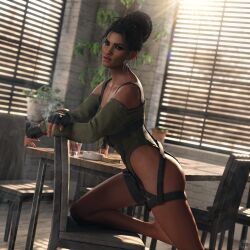 3d 3d_(artwork) 3d_model brown_eyes cd_projekt_red cyberpunk_2077 dark_brown_hair day daylight female female_focus female_only greengiant3d indoors morning panam_palmer smoking smoking_cigarette solo solo_female solo_focus sunrise tan_skin tan_skinned_female