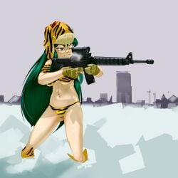 1girls 2024 aiming assault_rifle blue_eyes city_background cold cold_water green_hair gun long_hair lum striped_bikini striped_hat striped_panties tactical_gloves tiger_stripes toorops urusei_yatsura ushanka