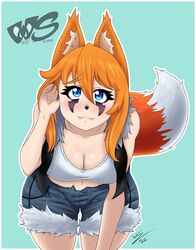 1girls big_breasts blue_eyes breasts canine_humanoid cleavage cute_fang facial_markings female female_only fully_clothed ginger humanoid jean_shorts kyho_(wulfsenn) leaning_forward long_hair looking_at_viewer orange_fur orange_hair pinup pose posing side_view vulpine white_fur white_shirt wolf wolf_ears wolf_girl wolf_humanoid wolf_tail wolfgirl wulfsenn