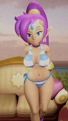 3d animated arms_behind_back bikini blue_bikini blue_eyes breasts choker cleavage dark-skinned_female ear_piercing jewelry large_breasts looking_at_viewer navel pointy_ears ponytail purple_hair shantae shantae_(character) shimapan side-tie_bikini smile smooth_skin swinging_breasts thighs wide_hips