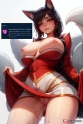 1girls ahri ai_generated animal_ear_fluff animal_ears artist_name averageee black_hair blush braid breasts_out exposed_breasts exposed_pussy facial_markings female female_only fox_ears fox_girl fox_tail from_below gameplay_mechanics innie_pussy kumiho large_breasts league_of_legends multiple_tails nipples no_bra no_panties orange_eyes patreon_logo pussy pussy_juice solo stable_diffusion standing tail wet_pussy whisker_markings