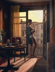 apartment apartment_building coffee coffee_mug door_open female female_focus female_human female_only feminine feminine_body greengiant3d hair_tied hot_coffee indoor_nudity indoors morning oc original original_female_character petite petite_body petite_breasts petite_female robe_open shaved_pussy smoking smoking_cigarette solo solo_female solo_focus sunshine tattooed_female tattoos