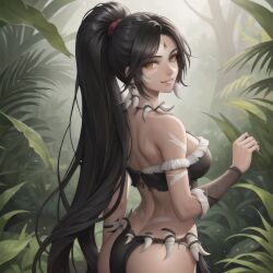 1girl 1girls ai_generated black_hair black_hair_female forehead_gem forehead_jewel forest forest_background gem_on_forehead hi_res high_res high_resolution highres jewel_on_forehead league_of_legends long_hair long_hair_female nidalee ponytail ponytail_female riot_games skimpy skimpy_clothes strapless strapless_top strapless_topwear tribal_markings tribal_tattoo tribal_tattoos tube_top yellow_eyes yellow_eyes_female