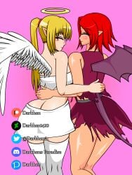 2girls darkhen1410 hugging koooon_soft koooonsoft_angel_girl koooonsoft_demon_girl multiple_girls