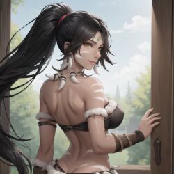 1girl 1girls ai_generated black_hair black_hair_female forehead_gem forehead_jewel gem_on_forehead hi_res high_res high_resolution highres jewel_on_forehead league_of_legends long_hair long_hair_female nidalee outdoors ponytail ponytail_female riot_games skimpy skimpy_clothes smile strapless strapless_top strapless_topwear tribal_markings tribal_tattoo tribal_tattoos tube_top yellow_eyes yellow_eyes_female