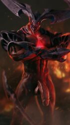 1boy 2023 3d_(artwork) abs balls blurred_background crossed_arms digital_media_(artwork) genitals glans hi_res humanoid_genitalia humanoid_penis league_of_legends male male_only masculine penis phukart red_body rhaast_(league_of_legends) riot_games solo spade_tail standing tail