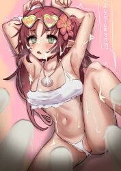 1girls 2024 arknights armpits arms_up bikini blush cum cum_on_body hi_res ice_cream light-skinned_female light_skin lying lying_on_back meepy741_(artist) myrtle_(arknights) panties pointy_ears solo swimsuit swimwear tagme text