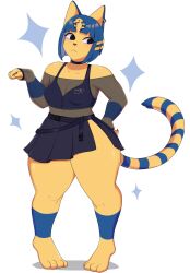 2021 animal_crossing ankha ankha_(animal_crossing) anthro barefoot black_eyes blue_hair cat_ears cat_tail claws cleavage clothed clothing dress feline female female_only furry hikikomoriamy huge_thighs humanoid nintendo solo solo_female sports_bra tail thick_thighs transparent_background yellow_fur