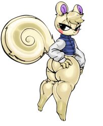 1boy 2023 :< animal_crossing anthro ass back_view big_tail black_eyes blush bottomless exposed_ass exposed_thighs furry hair hands_on_hips huge_ass legs looking_back male male_only marshal_(animal_crossing) nintendo pink_cheeks purple_ears smug solls0ll squirrel squirrel_ears squirrel_tail tagme thick_calves thick_thighs thighs topwear topwear_only vest white_fur