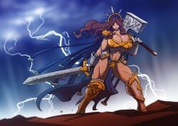 armor big_breasts breasts_bigger_than_head brown_hair brunette_hair dual_wielding fit fit_female giant_weapon gold_(metal) gold_armor gold_jewelry hammer impractical_armor lightning long_hair muscular muscular_female muscular_thighs skimpy skimpy_armor skimpy_clothes stormcast_eternal sword thick_thighs warhammer_(franchise) warhammer_age_of_sigmar warhammer_fantasy