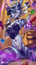 alanscampos anthro armwear corset digimon female furry halloween halloween_costume panties rule_63 smile weregarurumon wolf