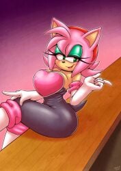 amy_rose amy_the_bat bodysuit breasts curvy female female_only high_heels long_gloves michiyoshi neckline pink_hair rouge_the_bat_(cosplay) seductive_eyes seductive_look seductive_smile sega sonic_(series) sonic_the_hedgehog_(series) spandex spandex_suit