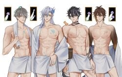 4boys abs absurdres alhaitham_(genshin_impact) aqua_hair black_hair blue_hair brown_hair closed_mouth earrings genshin_impact grey_hair hair_between_eyes hair_over_one_eye highres jewelry long_hair looking_at_viewer male_focus male_only male_with_painted_nails multicolored_hair multiple_boys muscular muscular_male mushroom navel neuvillette_(genshin_impact) nipples pnk_crow scar short_hair single_earring stomach streaked_hair towel towel_around_waist white_hair wriothesley_(genshin_impact) yellow_eyes zhongli_(genshin_impact)