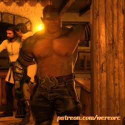 3boys 3d 3d_(artwork) 3d_model abs artist_name background_characters bara bara_tiddies bara_tits beard beefy black_hair brown_hair close-up erect_nipples facial_hair green_skin half-orc human humanoid hybrid indoors male/male male_nipples male_only masculine mature_male mixed_species muscles muscular_male mustache no_visible_genitalia orc original original_character original_characters patreon_username pecs shirtless_male solo_focus topless_male wereorc_(artist)