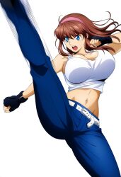 1girls accurate_art_style ai_generated big_breasts blue_eyes brown_hair cleavage dead_or_alive dead_or_alive_xtreme_beach_volleyball doasuki fingerless_gloves hitomi_(doa) jeans kick kicking tank_top tecmo