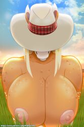 anne_(hth) anthro big_breasts blonde_female blonde_hair breasts breasts_focus breasts_out breasts_outside cowboy_hat crowchild erect_nipples eyes_covered female female_focus female_only freckles freckles_on_breasts furry horse hth_studios huge_breasts mare nipples tan_body tan_fur textless