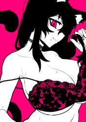 bra cat_ears cat_tail catgirl choker dark_hair huge_breasts looking_at_viewer mole mole_on_breast osiimi pink_eyes selective_color smile