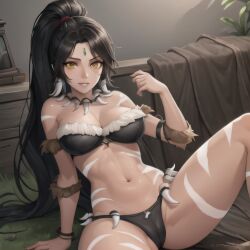 1girl 1girls ai_generated black_hair black_hair_female forehead_gem forehead_jewel gem_on_forehead hi_res high_res high_resolution highres jewel_on_forehead league_of_legends long_hair long_hair_female nidalee nipple_bulge nipple_piercing nipples_visible_through_clothing ponytail ponytail_female riot_games sitting sitting_down sitting_on_floor skimpy skimpy_clothes strapless strapless_top strapless_topwear tribal_markings tribal_tattoo tribal_tattoos tube_top visible_pussy yellow_eyes yellow_eyes_female