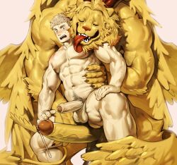 2boys abs absurdres bara blonde_hair claws closed_eyes commentary completely_nude demon_horns dungeon_meshi english_commentary erection foreskin furry furry_with_non-furry gay hand_on_own_leg highres holding horns hug hug_from_behind huge_cock interspecies laios_touden large_pectorals licking licking_pectoral light_blush lion lion_boy male male/male male_focus male_only multiple_boys muscular muscular_male navel navel_hair nipples nude pectorals penis penis_size_difference precum size_difference stomach strongman_waist surprised uncensored uza_(hellme) winged_lion_(dungeon_meshi) wings yaoi yellow_eyes