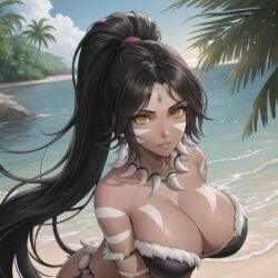 1girl 1girls ai_generated beach big_breasts black_hair black_hair_female breast_focus chest_focus forehead_gem forehead_jewel gem_on_forehead hi_res high_res high_resolution highres jewel_on_forehead large_breasts league_of_legends long_hair long_hair_female nidalee ocean ponytail ponytail_female riot_games skimpy skimpy_clothes strapless strapless_top strapless_topwear tribal_markings tribal_tattoo tribal_tattoos tube_top yellow_eyes yellow_eyes_female