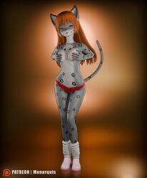 3d_(artwork) absurd_res anthro big_breasts breasts clothed clothing digital_media_(artwork) felid female hair hi_res hooters hooters_uniform mammal momo_(monarquis) monarquis nipples pantherine panties partially_clothed red_hair simple_background snow_leopard solo underwear