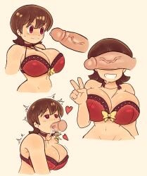 1girls after_deepthroat after_oral aioi_yuuko big_breasts big_penis blowjob bra breasts brown_eyes brown_hair cant_see_the_haters choker collar cum cum_drip cum_in_mouth cum_in_throat deepthroat deepthroat_no_hands dozo_gon fellatio hands-free heart heart-shaped_pupils huge_breasts imminent_deepthroat imminent_oral multiple_views navel nichijou nude_male_clothed_female oral outercourse penis penis_awe penis_on_face penis_over_eyes pink_eyes purple_eyes red_bra red_collar short_hair smile snap_my_choker throat_bulge throat_fuck tight_throat uncensored v veiny_penis yellow_ribbon