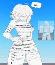 1girls 3d_background baseplate breasts clothing female hair_over_eyes hissterickal job_application leotard medium_breasts navel open_mouth paper_girl reference_image roblox roblox_background robloxian short_hair sleeves speech_bubble standing tagme thighs white_body white_hair white_skin