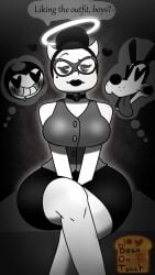 alice_angel beanontoast bendy bendy_and_the_ink_machine big_breasts black_hair boris_the_wolf librarian monochrome secretary thick_thighs