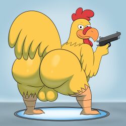 1boy 2024 absurd_res anthro ass avian avian_feet balls ballsack beak big_balls big_butt bird black_eyes chicken colossalstars digital_media_(artwork) epic_games ernie_the_giant_chicken family_guy feathered_tail feathers feet fortnite galliform gallus_(genus) genitals gun half-closed_eyes hi_res holding_gun holding_object holding_ranged_weapon holding_weapon looking_at_viewer looking_back male male_only narrowed_eyes nude_male orange_beak orange_feet phasianid ranged_weapon rear_view scrotum solo tail testicles thick_thighs three-quarter_view toony weapon yellow_body yellow_feathers yellow_tail