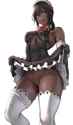 1girls black_hair blue_eyes censored dark-skinned_female dark-skinned_maid_(pepe_(jonasan)) dark_skin erect_nipples maid no_panties nopan original pepe_(jonasan) pussy skirt_lift solo teasing teasing_viewer thighhighs