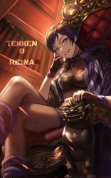 1girls athletic_female black_and_purple_hair crossed_legs female female_abs female_only fit_female grey_hair namco reina_mishima smile tekken tekken_8 thick_thighs