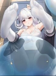 1girls ass_imprint azur_lane black_legwear breasts eyebrows_visible_through_hair feet feet_focus feet_up female female_only glass_table hand_on_head hand_on_thigh hand_up kneesocks light-skinned_female light_skin looking_at_viewer marseillaise_(azur_lane) marseillaise_(fighting_angel's_regimen)_(azur_lane) qing_wu red_eyes sitting socks socks_on solo striped_socks tank_top vichya_dominion_(azur_lane) white_hair white_shirt white_socks