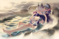 2girls barefoot biting biting_ear blue_eyes bowl bra breasts chinese_commentary covered_nipples demon_girl demon_horns diadem feet fins food grey_eyes grey_hair head_fins highres horns hug jar kitkallos_(yu-gi-oh!) labrynth_of_the_silver_castle large_breasts light_blush long_hair lovely_labrynth_of_the_silver_castle multiple_girls onsen outdoors partially_submerged petals rare_lemon sleeves_past_wrists steam sushi tearlaments_kitkallos toes underwear yu-gi-oh! yuri