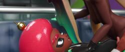 1boy 1girls 3d afro agent_8_(splatoon) animated black_hair bunnxarts chair clothing cowgirl_position dark-skinned_female dark-skinned_male dark_skin female fingerless_gloves gray_eyes green_eyes green_highlights hand_on_butt hand_on_hip headphones male male_agent_8_(splatoon) marina_(splatoon) marina_(wo262) octoling octoling_boy octoling_girl off_the_hook_(splatoon) pink_hair pointy_ears sound splatoon splatoon_2 subway tagme thighhighs vaginal_penetration video