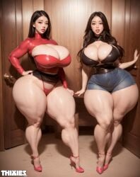 2girls ai_generated big_calves big_lips bimbo bimbo_body bimbo_lips black_hair bolero bra breasts breedable bubble_butt calves child_bearing_hips cleavage curvaceous curvy curvy_figure denim_shorts female female_focus female_only hand_on_hip high_heels hourglass_figure huge_ass huge_breasts licking_lips makeup pale-skinned_female pale_skin slanted_eyes spankable spankable_ass thick_thighs thixies thunder_thighs toned toned_legs voluptuous voluptuous_female wide_hips