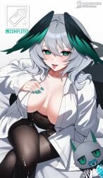 1girls 2024 arknights artist_name big_breasts blue_nails breasts_out cute_fangs ett fangs feathers female green_eyes grey_hair hi_res ho'olheyak_(arknights) lactation light-skinned_female light_skin looking_at_viewer nail_polish no_bra open_shirt painted_nails pantyhose signature smile solo tagme tongue tongue_out