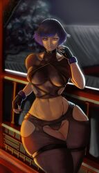 1girls athletic_female black_and_purple_hair breasts female_abs fit_female gloves highres looking_at_viewer namco navel purple_eyes reina_mishima short_hair small_breasts smile solo tekken tekken_8 therainzart thick thick_thighs thighs_together tomboy torn_clothes two_tone_hair