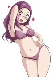 1girls blush bra breasts brown_eyes clothing digimon digimon_adventure_02 female human human_only legs_together long_hair matching_underwear miyako_inoue open_mouth pabsmikan panties purple_bra purple_panties smile solo wide_eyed wide_hips