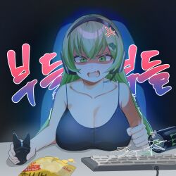 afterimage anger_vein angry bare_shoulders black_camisole breast_rest breasts breasts_on_table camisole can chair chips_(food) cleavage cute_fang desk desk_slam energy_drink female food frog_hair_ornament gaming_chair green_eyes green_hair hair_ornament headset highres keyboard_(computer) kochiya_sanae large_breasts long_hair looking_at_viewer monster_energy mouse_(computer) oerba_yun_fang open_mouth playing_games potato_chips sanae_kochiya skin_fang solo sovietex swivel_chair touhou trembling very_long_hair