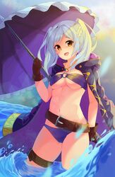 belt bikini coat_cape fire_emblem fire_emblem_awakening fire_emblem_heroes gloves looking_at_viewer parasol robin_(female)_(summer)_(fire_emblem) robin_(fire_emblem) robin_(fire_emblem)_(female) swimsuit twintails water white_hair yellow_eyes yokudraws