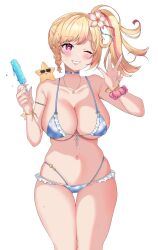 1girls artist_request big_breasts bikini blonde_hair blush chromevt cleavage female female_focus female_only flower flower_in_hair front_view greeting highres holding_object ice_cream latam_virtual_youtuber light-skinned_female light_skin looking_at_viewer mole mole_under_mouth one_eye_closed pink_eyes pink_nails simple_background smiling smiling_at_viewer standing swimsuit two_tone_hair virtual_youtuber voluptuous voluptuous_female white_background