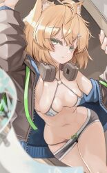 belly_button bikini blonde_hair brown_hair genek green_eyes looking_at_viewer open_jacket petite petite_body petite_female short_hair shorts slim_waist small_breasts swimsuit teenager thighs wide_hips