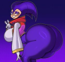 ass_focus bell_sleeves bent_forward big_ass bottom_heavy curvy_figure eyeshadow female gloves gradient_background grin gritted_teeth hyper_ass jacksito_(artist) jester jester_cap jester_hat nights nights_into_dreams outline pattern_background pseudo_horns purple_background purple_clothing purple_headwear purple_theme sharp_teeth solo suggestive thick_thighs thighs v_sign white_gloves white_outline wide_sleeves