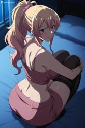 1girl ai_generated ass bare_shoulders bed black_thighhighs blonde_hair blush bracelet breasts digitalwaifugallery from_behind green_eyes hair_ornament hajimete_no_gal hi_res high_quality high_resolution indoors jewelry large_breasts long_hair looking_at_viewer looking_back night on_bed patreon pillow pink_shorts ponytail scrunchie seductive sexy shorts sitting skirt smile solo squatting thighhighs uncensored watermark yame_yukana