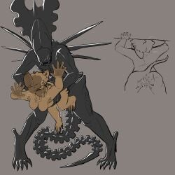 alien alien_(franchise) anthro anus bat big_ears big_nose black_body bodily_fluids body_hair breasts breath brown_body carameltsi chest_hair clitoral clitoral_rubbing curly_hair drooling duo fangs female genital_fluids genitals hair held_up hi_res leaning_on_wall long_tail mammal motion_lines panting pubes saliva simple_background simple_coloring standing steam tail teeth thin_tail ti-ti vaginal_fluids vulva xenomorph xenomorph_queen