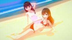 beach female female_only sexy babymetal sakemanjuju72 koikatsu 3d 3d_(artwork) pretty alternate_version_available laying_down sand bikini swimsuit 2girls arm_up moa_kikuchi yui_mizuno