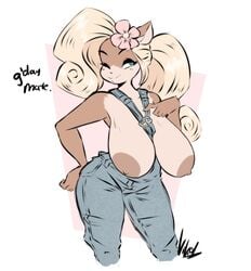 anthro areolae big_areola big_hair blonde_hair breasts_out brown_fur coco_bandicoot crash_(series) curled_hair dullvivid flower_in_hair huge_areolae huge_breasts nipples overalls platinum_blonde_hair sagging_breasts signature smile smiling smirk tan_fur text wink winking