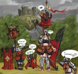 2girls armor armored_female big_ass big_breasts blonde blonde_hair blue_eyes breasts_bigger_than_head brunette brunette_hair castle chains cities_of_sigmar cleavage english english_text fantasy firearm flag floating floating_island giant giantess gun guns helmet human humanoid humiliation lantern lanterns laughing ogre ogre_female ogre_girl revealing_clothes sad shield size_difference skirt tears text thick_thighs tower tree trees warhammer_(franchise) warhammer_age_of_sigmar weapon weapons wide_hips