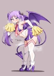 1girl absurdres bare_shoulders blue_eyes blush boots bow bowtie breasts cheerleader clothing_cutout commentary_request cosplay crotch_cutout demon_girl demon_horns demon_tail demon_wings detached_sleeves grey_background highres hiiragi_kagami holding holding_pom_poms horns long_hair looking_at_viewer lu_ke_ge_ge lucky_star midriff miniskirt multicolored_bow multicolored_bowtie navel necktie open_mouth pleated_skirt pom_pom_(cheerleading) pom_poms purple_hair purple_skirt purple_wings red_necktie simple_background skindentation skirt small_breasts solo stomach sweatdrop tail thick_thighs thighhighs thighs twintails very_long_hair white_thighhighs wings